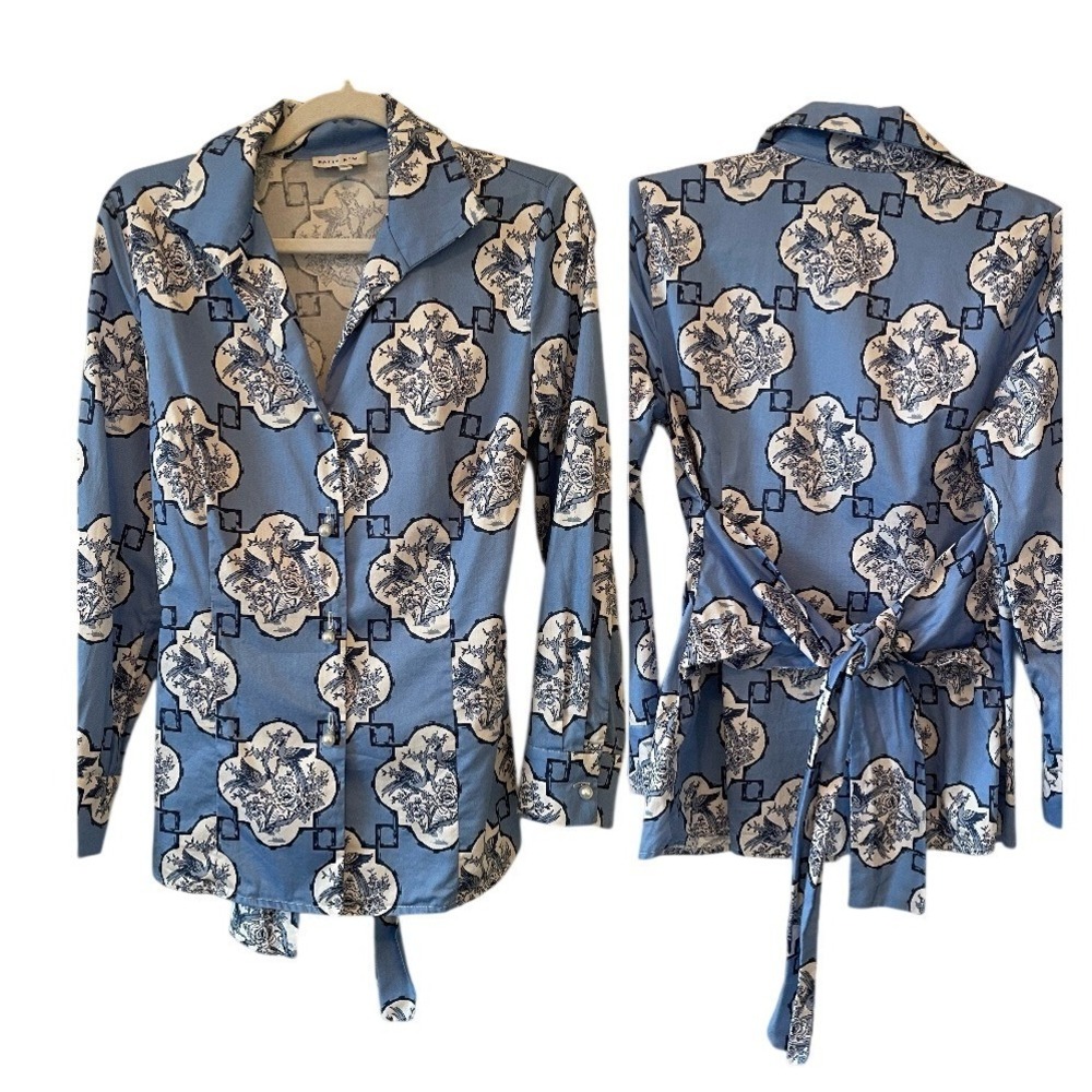 Patty Kim XS Blue Chinoiserie Bird‎ Floral Pearl Button Tie Back Blouse Shirt